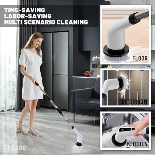 Electric Spin Scrubber- Ditch the Scrubbing! Long Handle Shower Scrubber with 9 Replaceable Heads - 2 Speed Cordless Brush Ensures Long Battery Life, Modern Design! (White) - Image 5