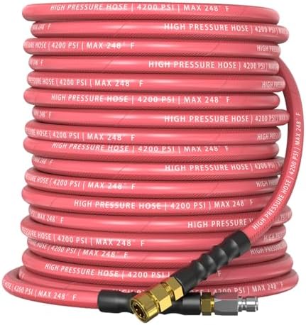QC Installed Pressure Washer Hose 50 ft, 4200 PSI Flexible & Kink-Resistant, Steel-Braided & Durable, Power Washer Hose with 3/8" 360° Swivel Quick Connect, Hot/Cold Water Compatible, Red by Unknown