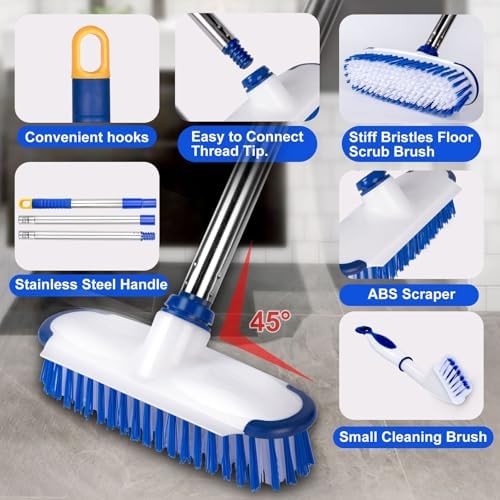Floor Scrub Brush with Long Handle, 2 in 1 Deck Scrub Brush, Stiff Bristle Scrub Broom & Cleaning Brush for Tile Floor,Deck,Patio,Marble,Garage,Wall, Kitchen,Bathroom - Image 3