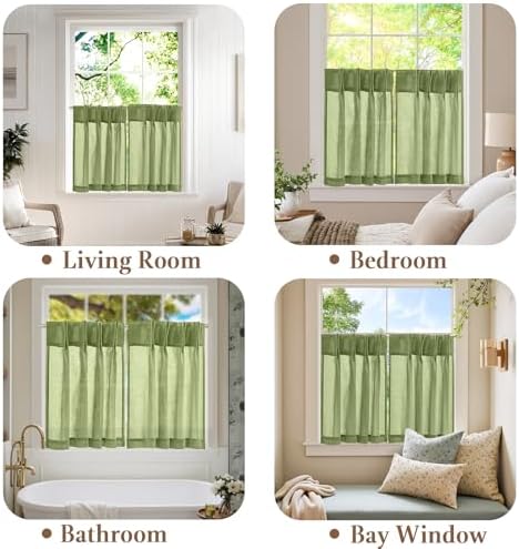 jinchan Linen Pinch Pleated Back Tab Tier Curtains, 26x30, Green - Image 6