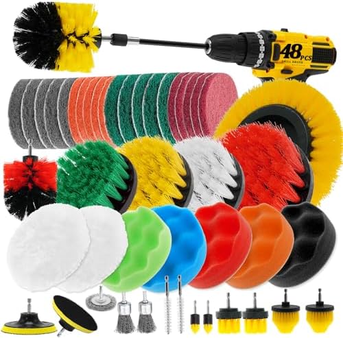 48 Pcs Drill Brush Attachments Set, Scrub Pads & Sponge & Wire Brush for Drill, Power Scrubber Brush with Extend Long Attachment, Drill Scrubber Brush Kit for Bathroom, Floor, Car, Grout by ETOUPA