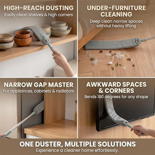 Sakerplus Baseboard Cleaner Tool with Handle Duster with Extension Pole, Bendable Microfiber Dusting Wand, Under Appliance Crevice Dust Remover for Sofa, Cabinet Top and Fan Gaps (2) - Image 6