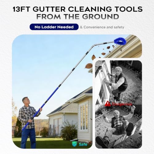 13ft Gutter Cleaning Tools From the Ground, No Ladder Needed, 3-in-1 Gutter Cleaner Pole with Replaceable Brush Rake Scoop, 180° Adjustable Angle for Leaves & Debris Cleaning with Grip Tapes, Blue - Image 2