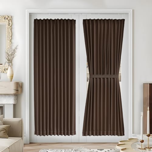 Vatge Dual Rod Pocket French Door Panel Curtains - 54-Inch Self Adhesive Front Door Curtains with Tiebacks, 1 Panel, W54 x L72, Brown by Vatge