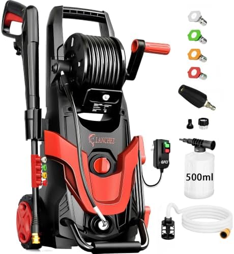 2026Upgraded 4800 MAX Pressure Washer w/5 Quick Connect Nozzles, 35ft Power Cord w/GFCI, Inlet Hose & Filter& Soap Tank for Cars/Driveways/Home Cleaning, Bright Red by LANCHEZ