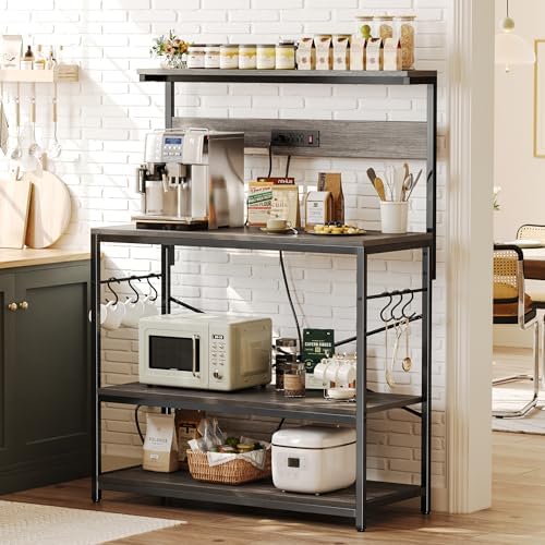 SUPERJARE Bakers Rack with Power Outlets, Microwave Stand, 39.4 X 14.3 Inch Larger Desktop, Kitchen Storage Rack with Adjustable Middle Shelf, 6 S-Shaped Hooks, Coffee Bar Stand, Grey - Image 2