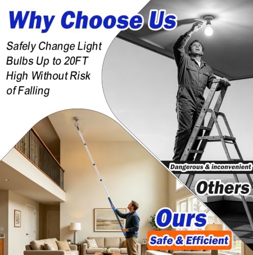 28FT Reach Light Bulb 5-20FT Telescopic Extension Pole Light Bulb Changer for High Ceilings with Feather Duster, Baskets and Suction Cups for Recessed Lights and High Ceilings - Image 6
