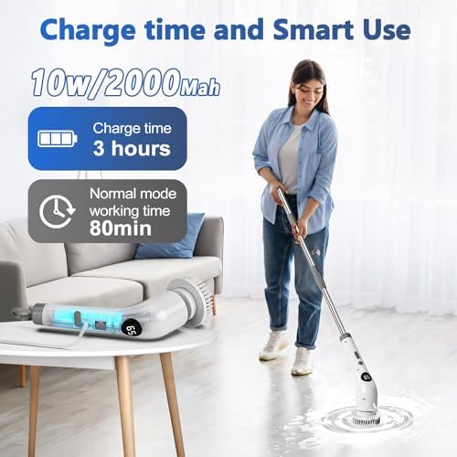 Qimedo Upgrade Rechargeable Electric Scrubber for Cleaning, 45-inch Handheld Spin Scrubber with Extended Long Handle, Cordless Power Dish Scrubber with 6 Brushes for Bathtub Grout Tile Floor - Image 4