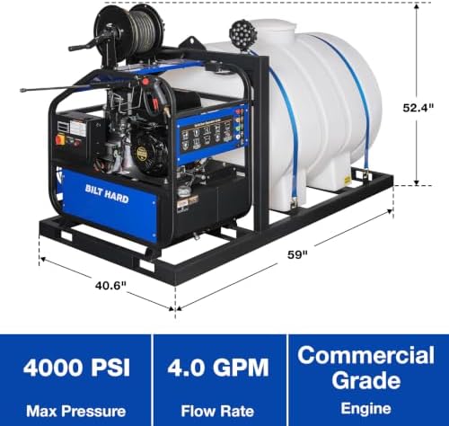 BILT HARD 4000 PSI 4 GPM Hot Water Pressure Washer with 264 Gal Water Tank, 420cc 15HP Gas Engine, Electric Start Skid Mounted Gas Powered Washer with Hose Reel, 49-State Certified - Image 2