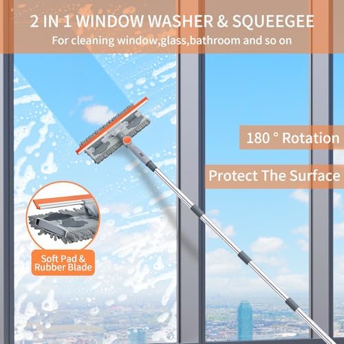 6.4FT Extendable 2-in-1 Window Squeegee & Scrubber with Long Handle, 180° Adjustable Head, Streak-Free Silicone Blade, Multi-Purpose Glass Cleaning Tool for High Windows, Mirrors & Car Windshields - Image 2