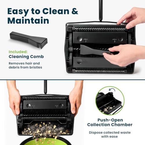 Alpine Manual Carpet Sweeper Triple Brush – Cordless Non Electric Multi-Surface Floor Brush Hardwood Floor Cleaner Easy Sweeping for Carpeted Floors (Improved Black) - Image 6