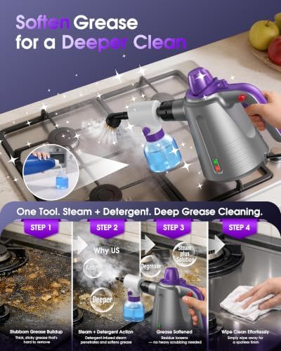 Handheld Steam Cleaner for Home, Pressurized Steamer for Cleaning Couch Carpet Car Upholstery Mattress Furniture with 14 Accessories & Safety Lock, Small Container for Grease - Image 3