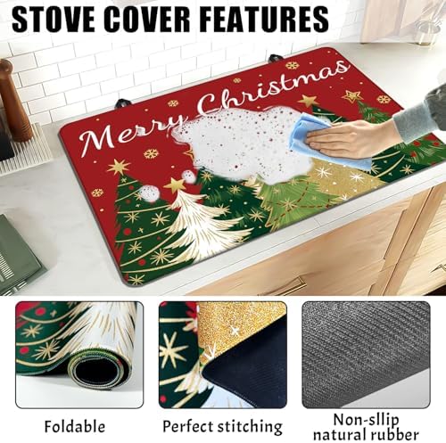 Christmas Trees Stove Cover, Merry Christmas Stove Top Cover for Gas Stove Xmas Red Winter Kitchen Decor Glass Stove Top Pad Heat Resistant Electric Stove Protector Washable Cooktop Oven Mat - Image 5