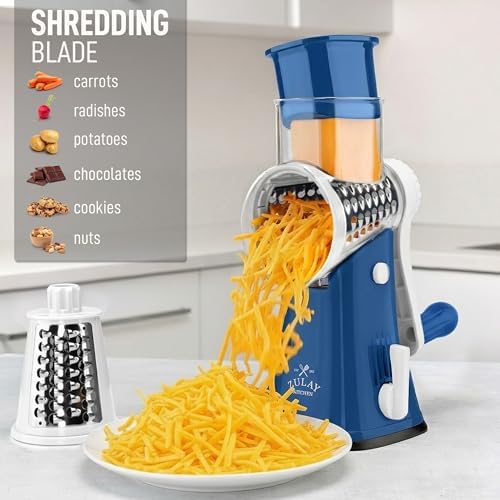 Rotary Cheese Grater Manual Hand Crank 5 Blade Shredder, Blue & White - Image 3