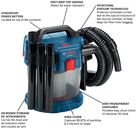 BOSCH GAS18V-3N 18V Cordless Wet Dry Vacuum, Portable Shop Vac - Image 3