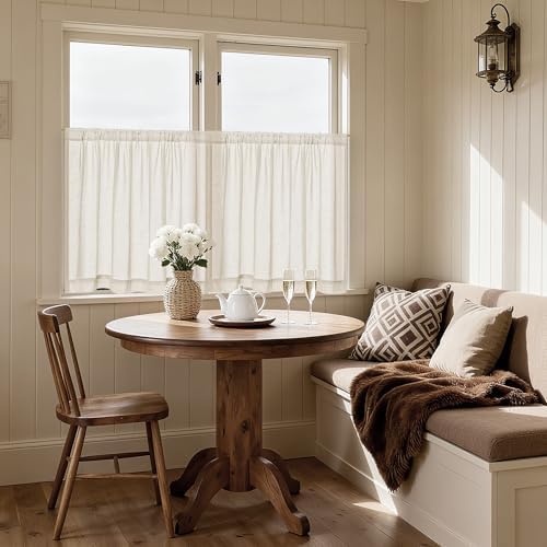 Beige Semi Sheer Linen Kitchen Curtains 45 Inch Length 2 Panels - Image 2