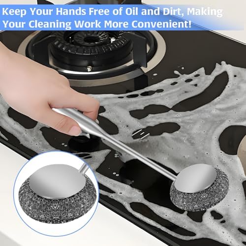 2Pcs Stainless Steel Wool Scrubber Sets, Dish Scrubber with Long Short Handle Stainless Steel Scrubber Cleaning Brush Metal Scrubber with Replacement, Steel Scrubber for Dishes Tableware Home Kitchen - Image 4