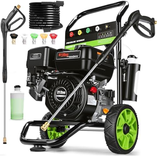 Professional 4200PSI 4GPM 212CC Gas Exterior Cleaner, 7.0HP Commercial Gas Washing Machine with 1L Foam Bottle 8" Wheels 5 Nozzles 25FT Hose for Home Car Driveway Yard (EPA/CARB/ETL Compliant), Black by IvyBess