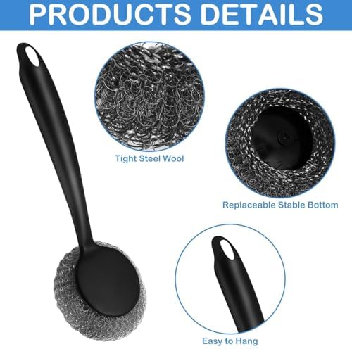 Scrubber with Handle Comes with Three Replacement Balls Steel Wool, Short Handle Scrubber, Steel Wool Scrubber Supplies Dish Scrubber, Stainless Steel Scrubber Tool Metal Scrubber for Dishes - Image 2