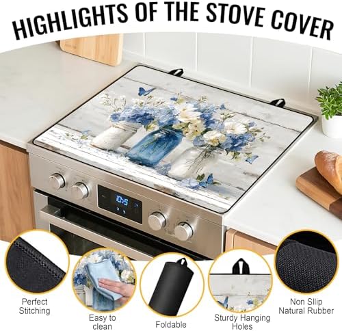 NYZE Stove Top Cover for Electric Stove, 28x20 Inch Stovetop Cover Flat Top Protector Dish Drying Mat for Kitchen (Blue & White Floral) - Image 2