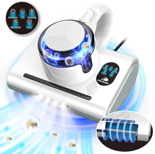 Mattress Vacuum Cleaner,13Kpa Powerful Suction Bed Vaccum Cleaner with UV-C Light,LED Headlights and High Heating Tech,1.2kg Light Weight Handheld vaccum for spot Cleaning,Sofa,Couch Fabric Cleaner by Intercleaner