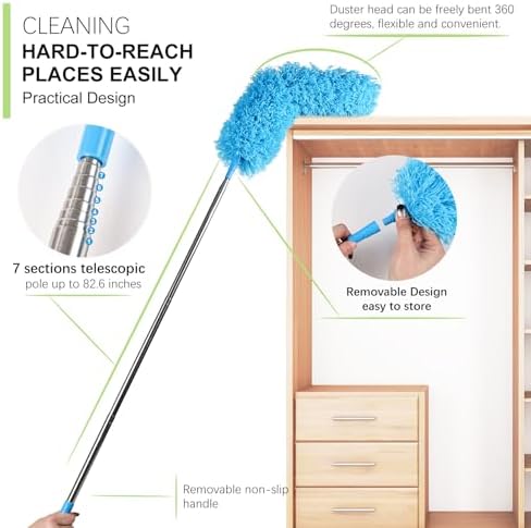 4PCS Microfiber Duster Kit, 3 in 1 Microfiber Dusters Retractable Gap Dust Cleaner and Chenille Duster with 83 inches Extra Long Extension Pole for Cleaning Ceiling Fan, High Ceiling - Image 4