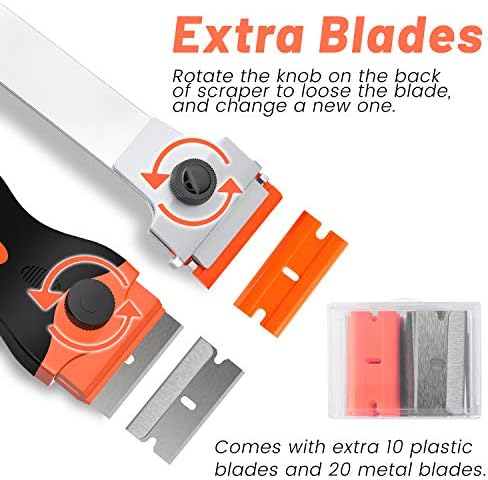 DEKEones Razor Blade Scraper, 2 PCS Razor Scraper Tool for Removing Label, Registration Sticker, Tint, Grease from Windshield, Appliance, Glass (Extra 20 Metal and 10 Plastic Blades) - Image 5
