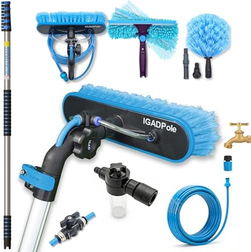 IGADPole 20 FT Water-Fed Washing Kit with Soap-Dispenser, Brush, 10″ Squeegee & Cobweb Duster for Windows, Gutters, Solar Panels & Exterior Walls by IGAD