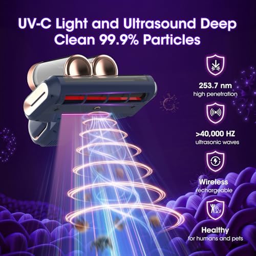 Bed Mattress Vacuum Cleaner Cordless 16Kpa Handheld Vacuum, Vacuum Cleaner with 253.7nm UV-C Light,HEPA Filter & Ultrasonic, Portable Vacuums for Sofa Couch Crib Birthday Gifts for women blue+gold - Image 3