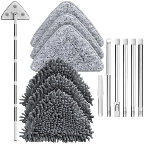 Wall Cleaner Mop with Long Handle, 75-Inch Wall Duster and Baseboard Cleaner Tool, 360° Rotating Triangle Head with 6 Microfiber and Chenille Pads for Walls, Ceilings, Windows and Floors by Unknown