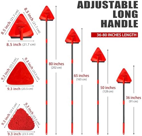 NEWE Wall Mop Cleaner, 80 inches Long Handle, 180° Folding Ceiling Cleaning Tool with Squeegee for Washing Painted Walls, Triangle Baseboard Scrubber with 3 Chenille Duster and 3 Microfiber Pads (Red) - Image 2