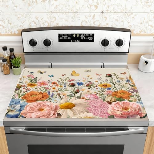 Retro Floral Stove Top Cover for Electric Stove, Wild Flowers Range Covers for Electric Stove, Rubber Dish Drying Mat, Glass Cooktop Covers, Flat RV Range top Mats, 28"x20" by Unknown