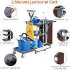Commercial Janitorial Cleaning Cart on Wheels - Black Housekeeping Caddy with Cover, Shelves and Vinyl Bag - Image 4