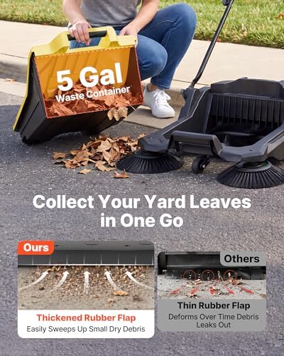 VEVOR Walk-Behind Hand Push Floor Sweeper, Manual Floor Sweeper Non-Electric with 25.6" Sweeping Width, 5 Gallons Waste Container & Adjustable Folding Handle for Yards Walkways Patios Garages - Yellow - Image 4