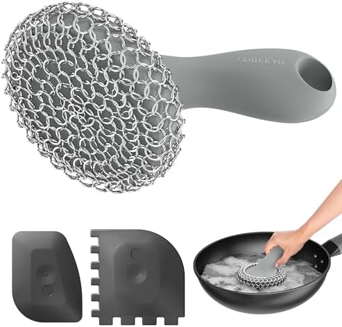 SUBEKYU Cast Iron Scrubber with Silicone Handle, Stainless Steel Skillet Cleaner for Cast Iron Pans (Gray Scrubber + Scraper) by SUBEKYU