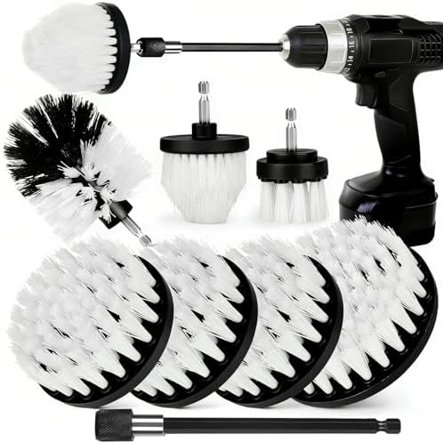 8 Pack Drill Brush Attachment Set,1/4in Power Scrubber Brush + Extend Long Rod, Power Cleaning Scrub Brush for Bathroom, Tub, Tile, Floor, Grout, Boat(White) by Tialero