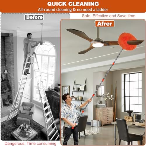20+ Feet High Reach Dusting Kit, Cobweb Duster & Ceiling Fan Duster with 3-14 ft Extension Pole for Cleaning, Microfiber Feather Duster Cleaner for Cleaning Walls Bookshelves Furniture Door Window - Image 4