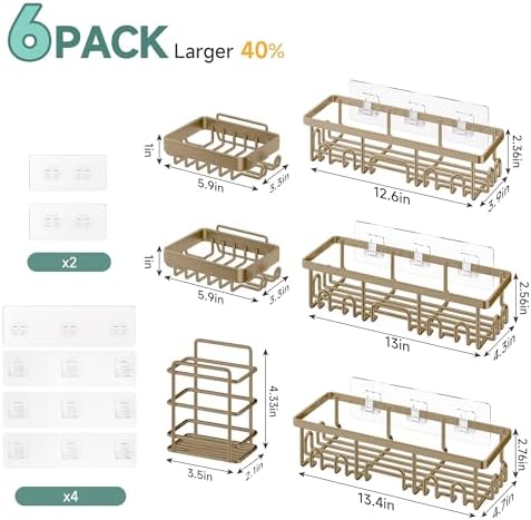 Veken Shower Caddy 6-Pack, No Drilling & Rustproof, Waterproof Adhesive Shelves Rack with Soap Holder, Large Capacity Bathroom Organizers and Storage, Wall-Mounted Kitchen & Home Decor, Matte Gold - Image 6