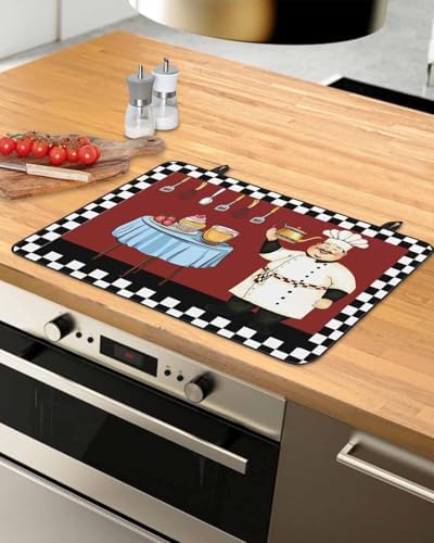 Kitchen Fat Chef Stove Top Covers for Electric Stove, Farmhouse Red Cook Induction Cooktop Cover Protector, White Black Plaid Range Mat for Glass Top Stove, Kitchen Countertop Dish Drying Mat, 24"x21" - Image 3