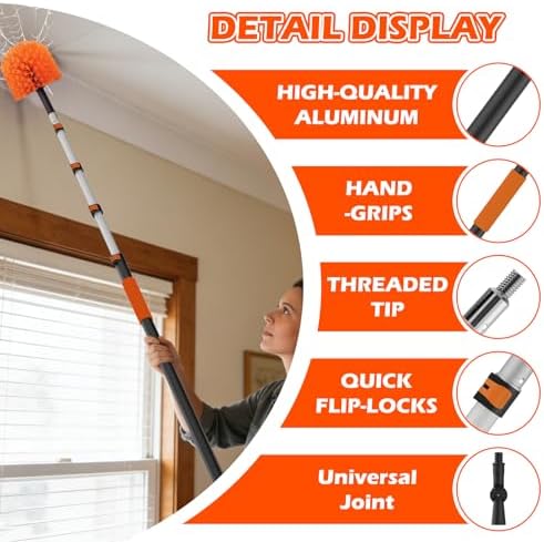 16FT Reach High Ceiling Duster Kits with 3-12FT Adjustable Pole - Includes Extra Long Duster, High Ceiling Duster, Rotatable Window Squeegee & Cobweb Duster for Ceiling Fans and Whole House Cleaning - Image 5