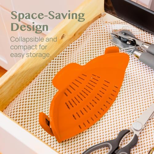 Kitchen Gizmo Snap N Strain Clip On Strainer for Pots and Pans - Adjustable Silicone Colander for Kitchen - Compact Clip-On Food Strainer for Draining Pasta and Vegetables - Orange - Image 4