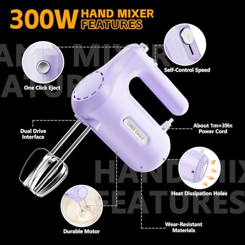Lord Eagle 5-Speed Small Hand Mixer Electric, 300W Compact Portable, Purple - Image 7