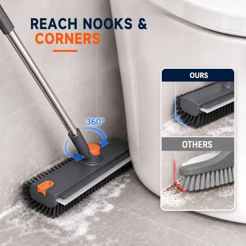 Floor Scrub Brush with Long Handle, 3-in-1 with Squeegee & Stiff Bristles - Image 4