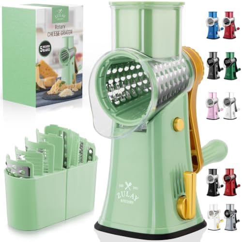 Rotary Cheese Grater Manual Hand Crank 5 Blade Shredder, Sea Foam & Gold by ZulayKitchen