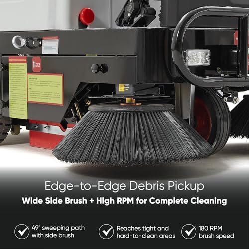 Commercial Ride-On Floor Sweeper, 49" Brush Width, 25 Gal Dustbin, 3hr Runtime 8 hr Charge, 77,500 sq. ft/hr, 6 MPH Max Speed- Ideal for Warehouses, Outdoor Spaces, & Large Facilities - Image 6