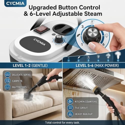 Handheld Steam Cleaner, 6-Level Adjustable Steamer for Cleaning withButtonControl, High Pressure PressurizedPortable SteamCleaning Machine for Home, Kitchen Grease, Car Detailing, Tile, Windows - Image 4