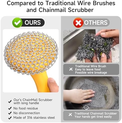 SUBEKYU Cast Iron Scrubber with Silicone Handle, Stainless Steel Skillet Cleaner for Cast Iron Pans (Yellow) - Image 3