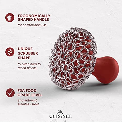 Cuisinel Cast Iron Chain Mail Scrubber + Cleaning Brush + Pan & Grill Scrapers - The Ultimate Skillet and Grill Cleaner Kit - Soft-Touch Confident-Grip Dish Scrub Tool - Silicone/Stainless Accessories - Image 5
