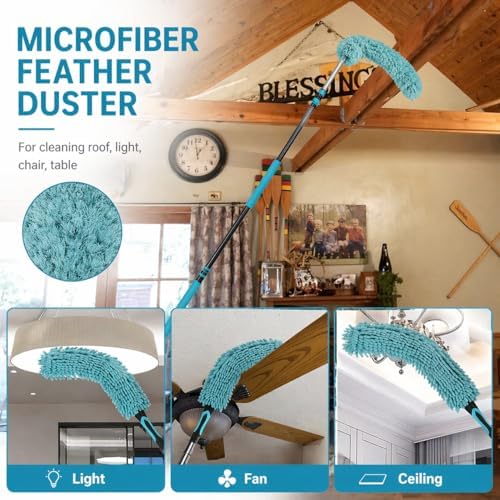 High Ceiling Duster Kit with 4-12FT Heavy Duty Extension Pole, Reaches Up to 20FT, Includes Microfiber Feather Duster, Cobweb and Ceiling Fan Duster, Window Squeegee Cleaner & Skylight Hook (12FT) - Image 6