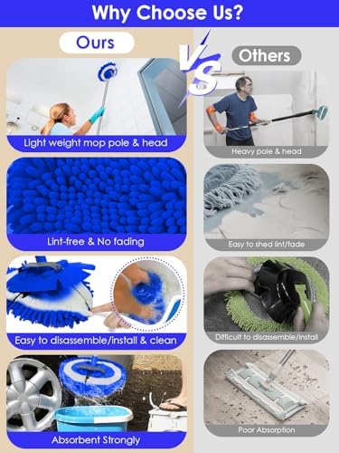 2 in 1 Lightweight Wall Cleaner Mop with Long Handle 75" 190cm Lint-Free Duster Cleaning Tool 2 Replacement Microfiber Chenille Pads for Kitchen Baseboard Ceiling Floor Window Door Scrubber Brush,Blue - Image 4